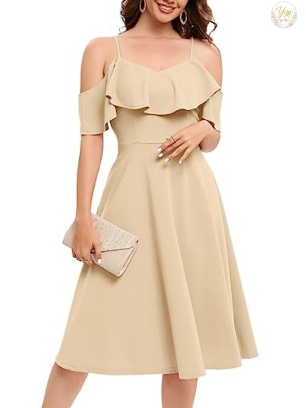 Off Shoulder Ruffle Cold Shoulder A-Line Midi Cocktail Dress